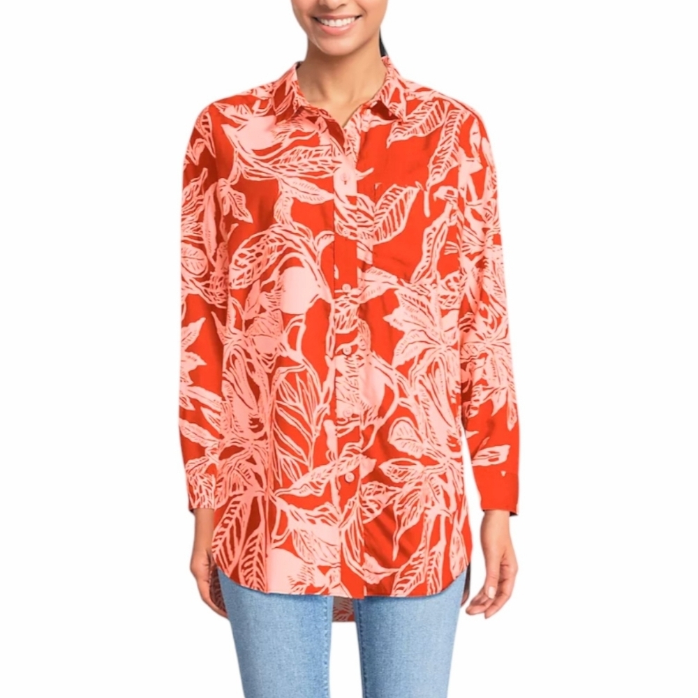 Lands End Cotton Voile Oversized Tunic Shirt XL 18 Orange Leaf Print Lightweight